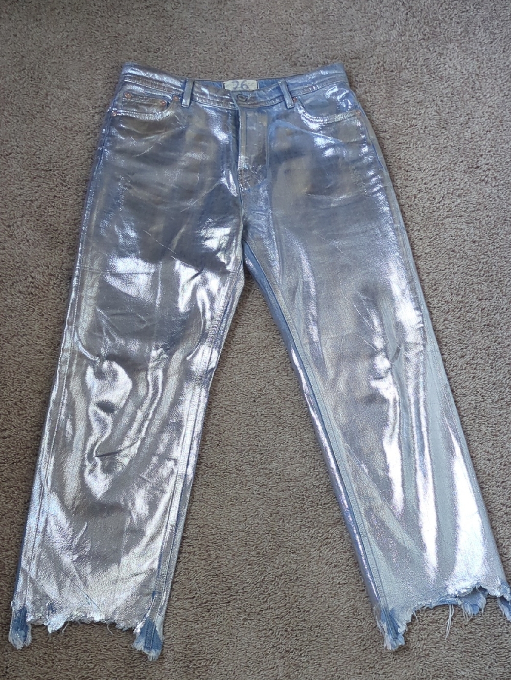 Metallic Silver Straight-Leg Jeans Size 26